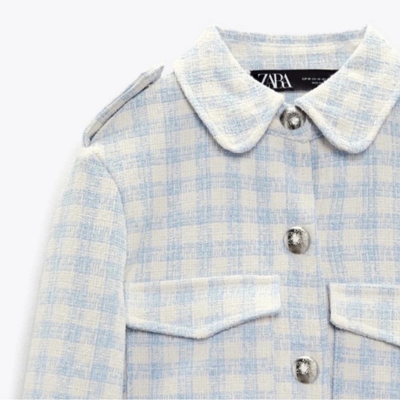 ZARA TWEED PLAID GINGHAM CHECKERED JACKET BLUE WHITE S STRUCTURED - Picture 2 of 7